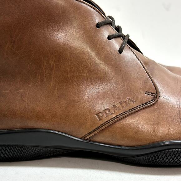 GOOD Prada Sport Leather Lace-Up Boots Chukka Brown Calf T 2050 UK 8.5 / US 9.5 - Picture 7 of 11
